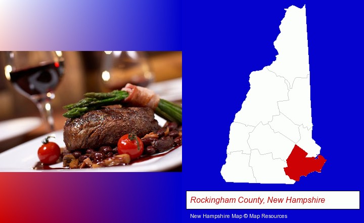 a steak dinner; Rockingham County, New Hampshire highlighted in red on a map