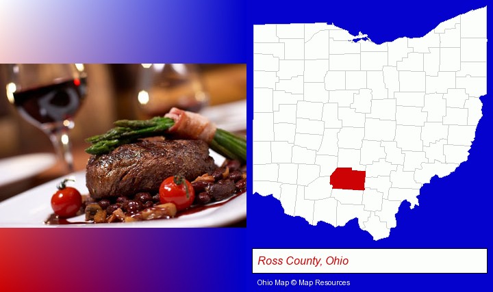 a steak dinner; Ross County, Ohio highlighted in red on a map