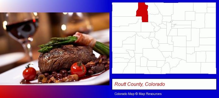 a steak dinner; Routt County, Colorado highlighted in red on a map