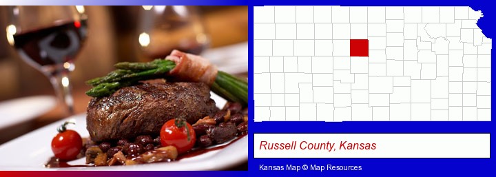 a steak dinner; Russell County, Kansas highlighted in red on a map