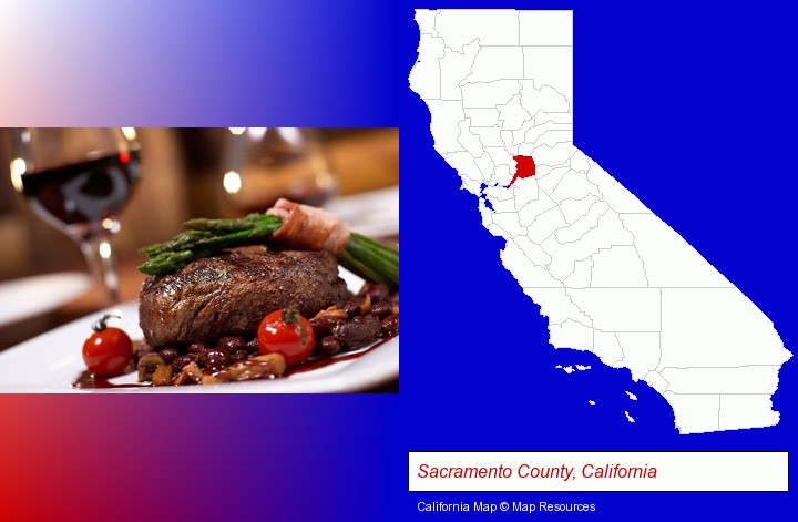 a steak dinner; Sacramento County, California highlighted in red on a map