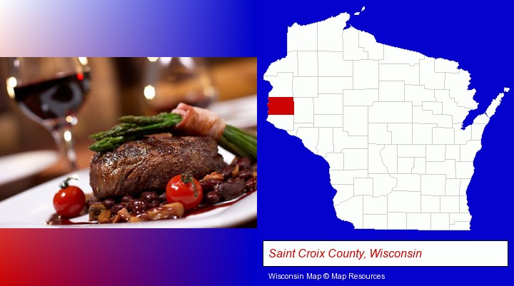 a steak dinner; Saint Croix County, Wisconsin highlighted in red on a map