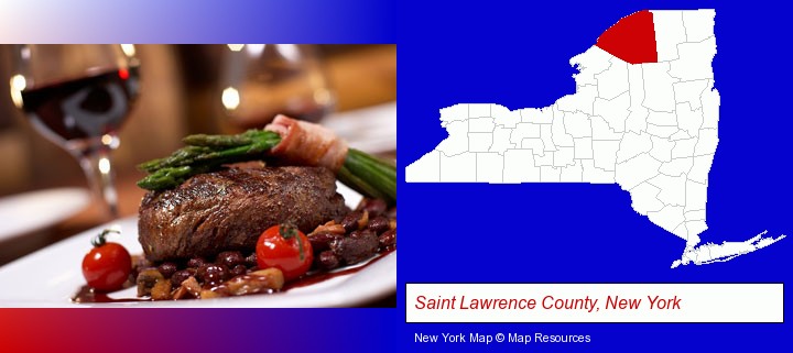 a steak dinner; Saint Lawrence County, New York highlighted in red on a map