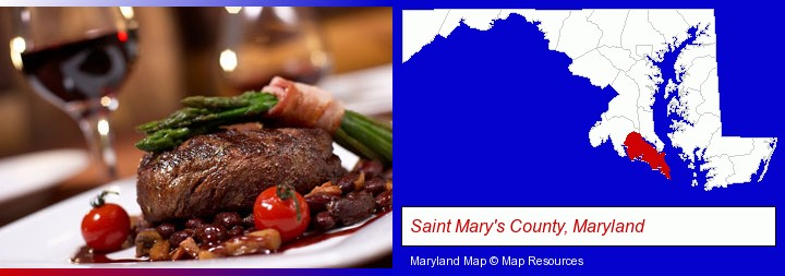 a steak dinner; Saint Mary's County, Maryland highlighted in red on a map