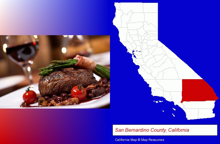 a steak dinner; San Bernardino County, California highlighted in red on a map