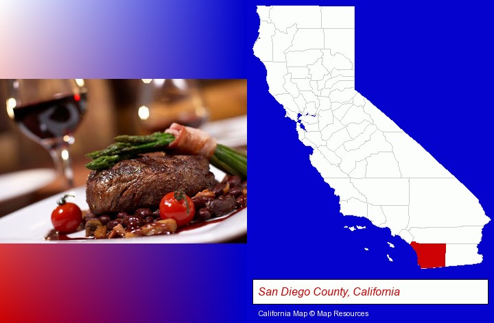 a steak dinner; San Diego County, California highlighted in red on a map