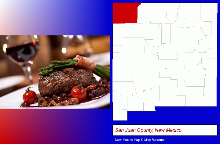 a steak dinner; San Juan County, New Mexico highlighted in red on a map