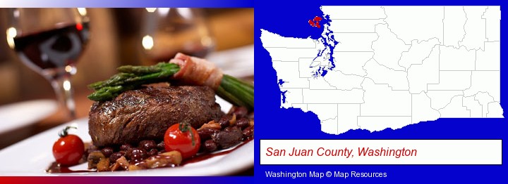 a steak dinner; San Juan County, Washington highlighted in red on a map