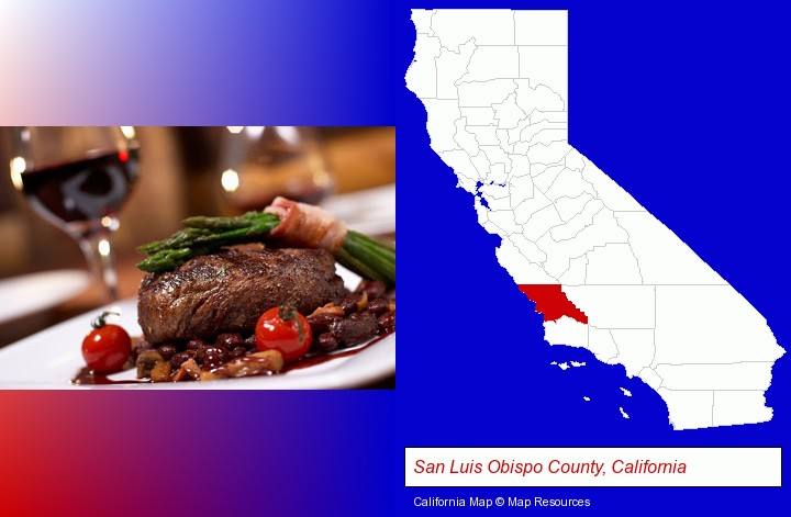 a steak dinner; San Luis Obispo County, California highlighted in red on a map