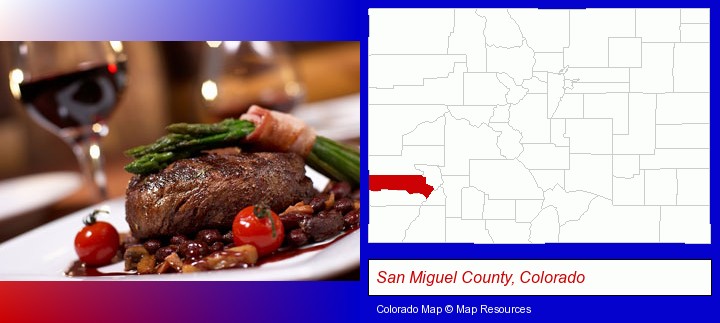 a steak dinner; San Miguel County, Colorado highlighted in red on a map