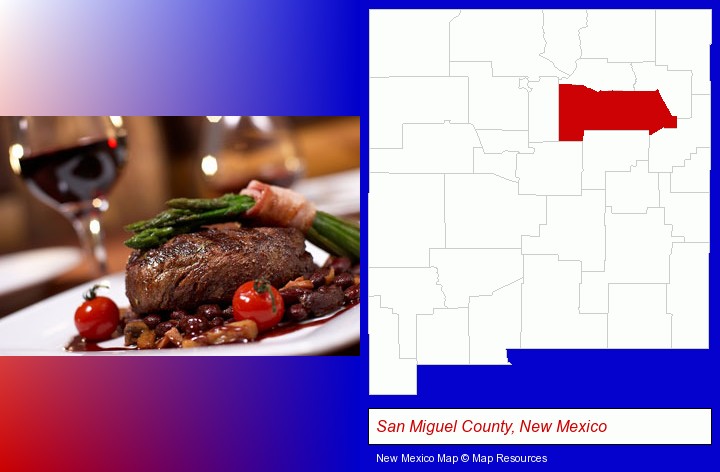 a steak dinner; San Miguel County, New Mexico highlighted in red on a map