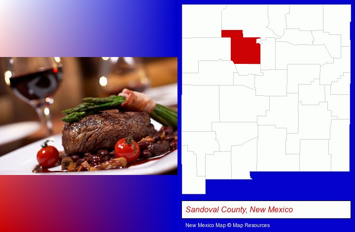 a steak dinner; Sandoval County, New Mexico highlighted in red on a map