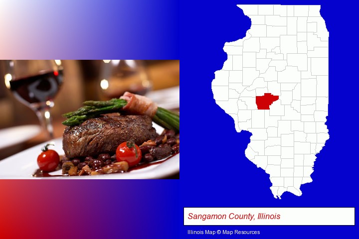 a steak dinner; Sangamon County, Illinois highlighted in red on a map