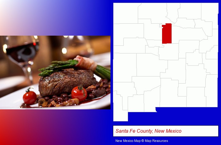 a steak dinner; Santa Fe County, New Mexico highlighted in red on a map