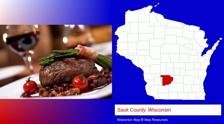 a steak dinner; Sauk County, Wisconsin highlighted in red on a map