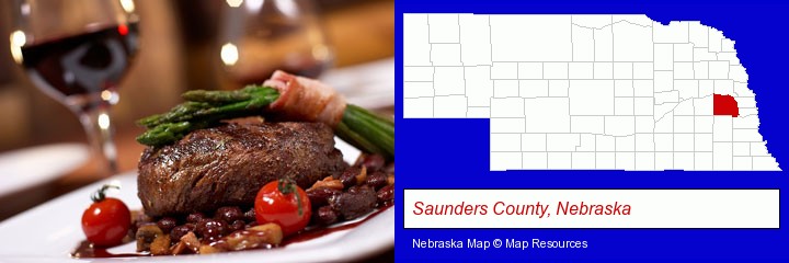 a steak dinner; Saunders County, Nebraska highlighted in red on a map