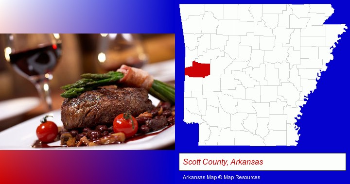a steak dinner; Scott County, Arkansas highlighted in red on a map