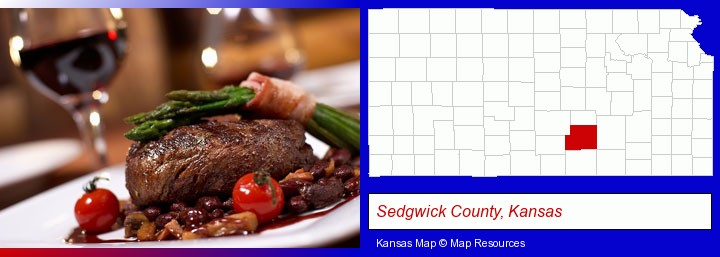 a steak dinner; Sedgwick County, Kansas highlighted in red on a map