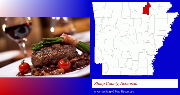 a steak dinner; Sharp County, Arkansas highlighted in red on a map