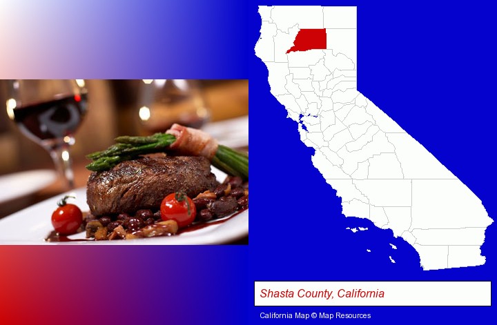 a steak dinner; Shasta County, California highlighted in red on a map