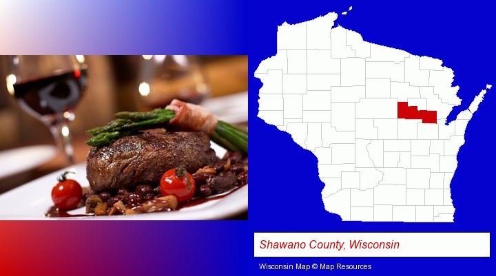 a steak dinner; Shawano County, Wisconsin highlighted in red on a map