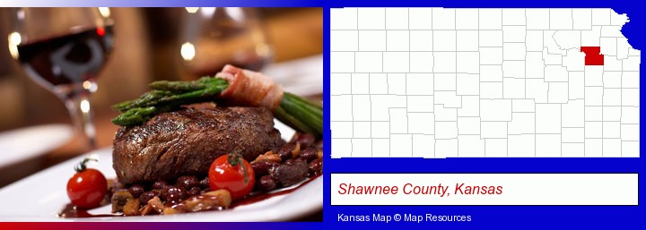 a steak dinner; Shawnee County, Kansas highlighted in red on a map