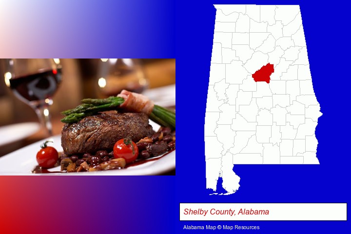 a steak dinner; Shelby County, Alabama highlighted in red on a map