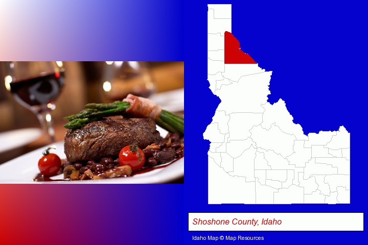 a steak dinner; Shoshone County, Idaho highlighted in red on a map