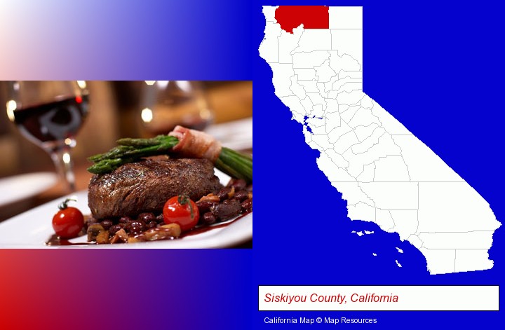 a steak dinner; Siskiyou County, California highlighted in red on a map