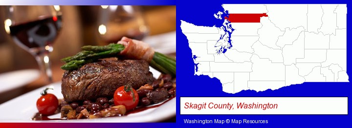 a steak dinner; Skagit County, Washington highlighted in red on a map