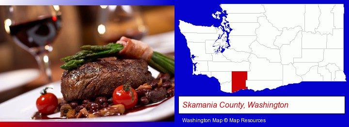 a steak dinner; Skamania County, Washington highlighted in red on a map