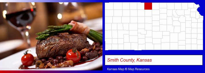 a steak dinner; Smith County, Kansas highlighted in red on a map