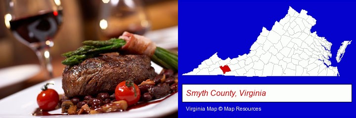 a steak dinner; Smyth County, Virginia highlighted in red on a map