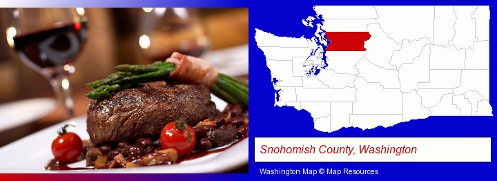 a steak dinner; Snohomish County, Washington highlighted in red on a map