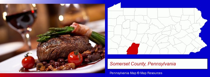 a steak dinner; Somerset County, Pennsylvania highlighted in red on a map