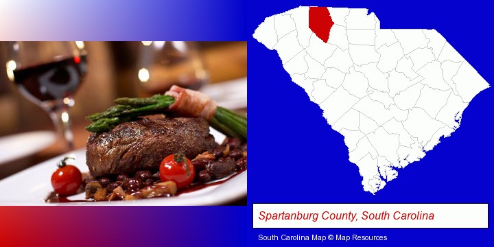 a steak dinner; Spartanburg County, South Carolina highlighted in red on a map