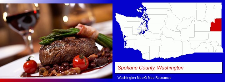 a steak dinner; Spokane County, Washington highlighted in red on a map