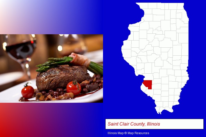 a steak dinner; Saint Clair County, Illinois highlighted in red on a map