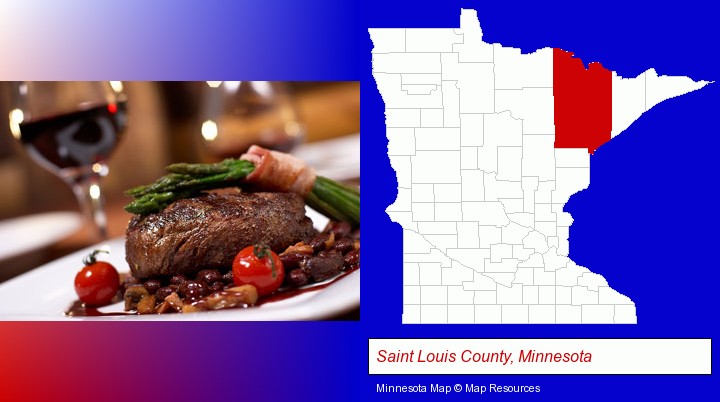 a steak dinner; Saint Louis County, Minnesota highlighted in red on a map