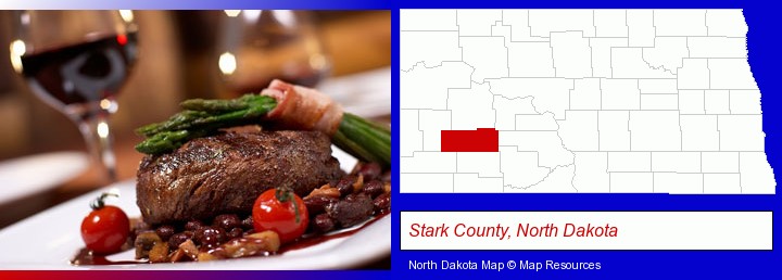 a steak dinner; Stark County, North Dakota highlighted in red on a map