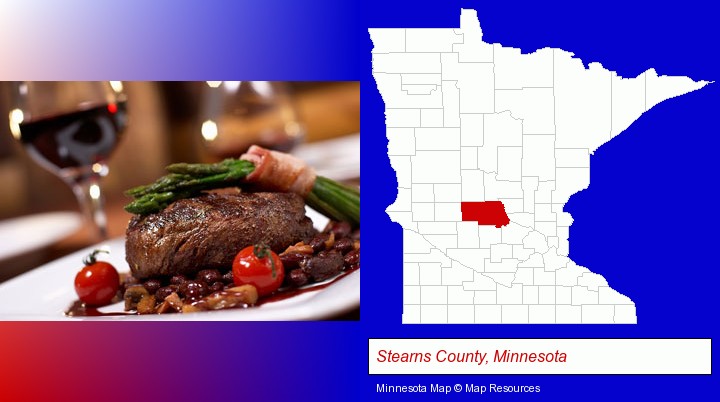 a steak dinner; Stearns County, Minnesota highlighted in red on a map