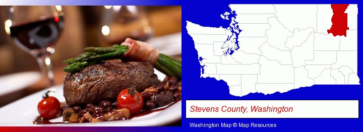 a steak dinner; Stevens County, Washington highlighted in red on a map
