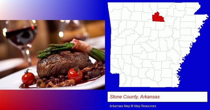 a steak dinner; Stone County, Arkansas highlighted in red on a map