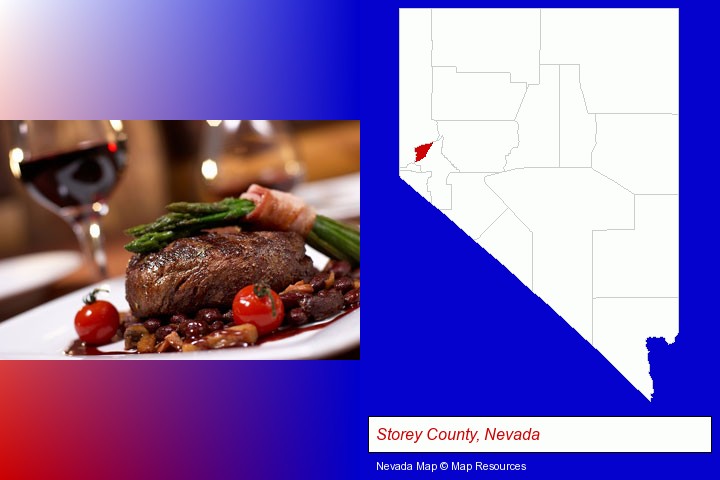 a steak dinner; Storey County, Nevada highlighted in red on a map