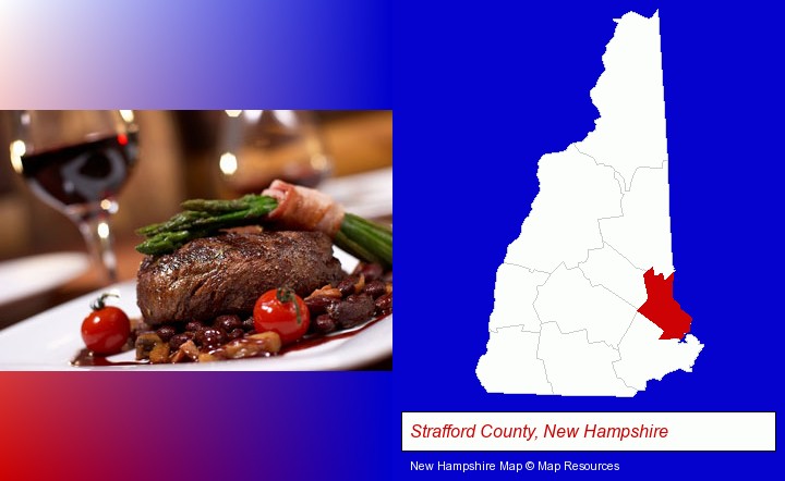 a steak dinner; Strafford County, New Hampshire highlighted in red on a map