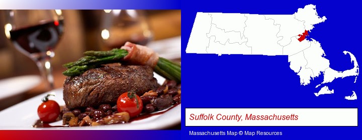 a steak dinner; Suffolk County, Massachusetts highlighted in red on a map