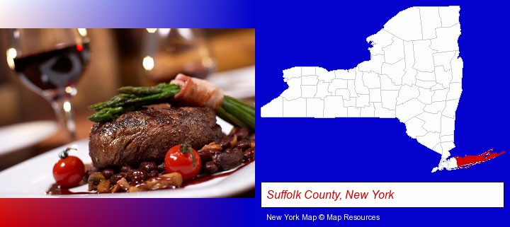 a steak dinner; Suffolk County, New York highlighted in red on a map