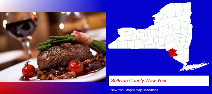 a steak dinner; Sullivan County, New York highlighted in red on a map