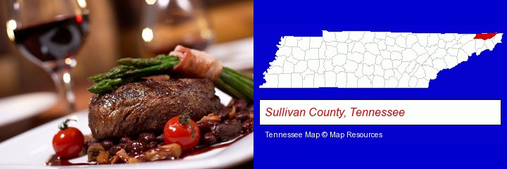 a steak dinner; Sullivan County, Tennessee highlighted in red on a map