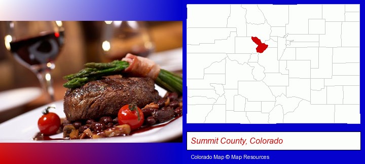 a steak dinner; Summit County, Colorado highlighted in red on a map
